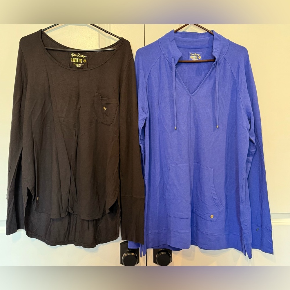 Lilly Pulitzer Luxletic Set EUC. Size Large Black Shirt and XL Blue Pullover.